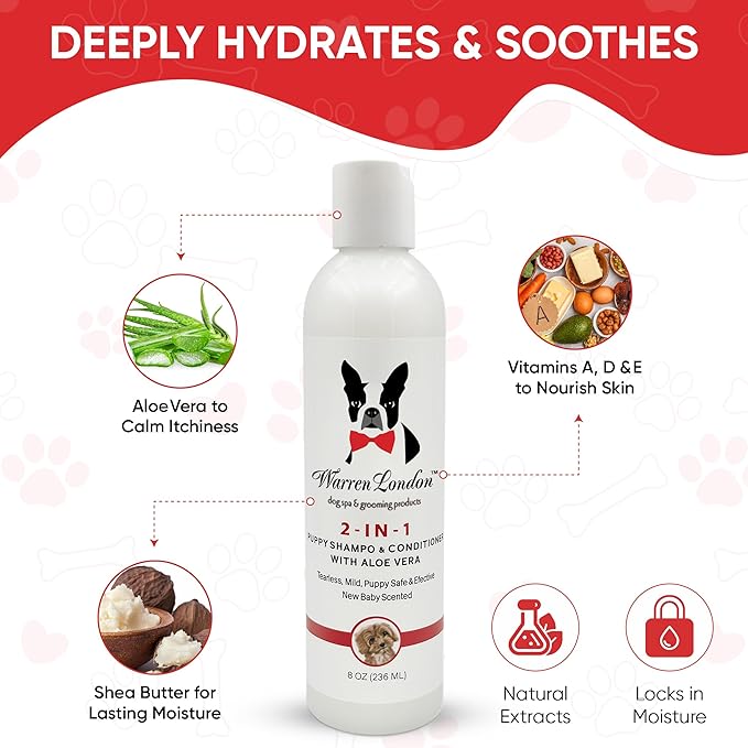Warren London 2-in-1 Puppy Shampoo & Conditioner 8 oz | Tearless Baby-Powder Scent | Moisturizing Aloe & Shea Butter Formula for Puppies, Dogs & Cats | pH-Balanced, Cruelty-Free, Made in USA
