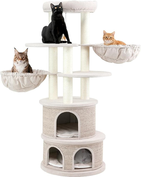 67'' Luxury Cat Tree,Large Modern Wood Cat Tower for Indoor Cats Adults,Multi-Levels Cat Condo with Sisal House and Removable Mats,Hommock,Large Platform,Heavy Duty Furniture (65inch)