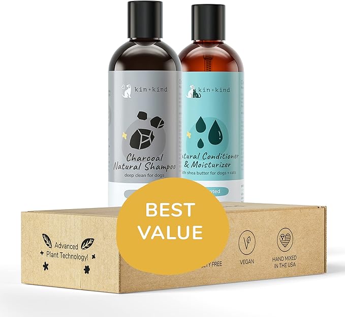 kin+kind Natural Pet Shampoo + Conditioner for Itchy Dogs and Cats - Dog Shampoo for Itchy Skin - Cat & Dog Shampoo and Conditioner with Activated Charcoal & Moisturizing Shea Butter - Made in USA