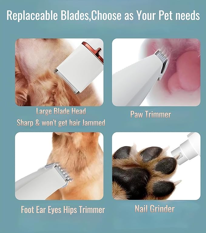 4 in 1 Pet Dog Cat Grooming Kit Dog Cat Nail Ear Paw Clipper Trimmer Pet Hair Grooming Clipper-Low Noise Rechargeable - Cordless Quiet Nail Grinder Trimming Hair Around Eyes and Ears (White)