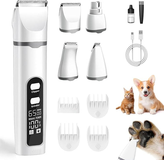 4 in 1 Dog Clippers Grooming Kit with LED Screen, Cordless Quiet Paw Trimmer & Nail Grinder, Rechargeable Waterproof Feet Ear Body Hair Shaver for Cats Dogs Pet Supplies, Pure White