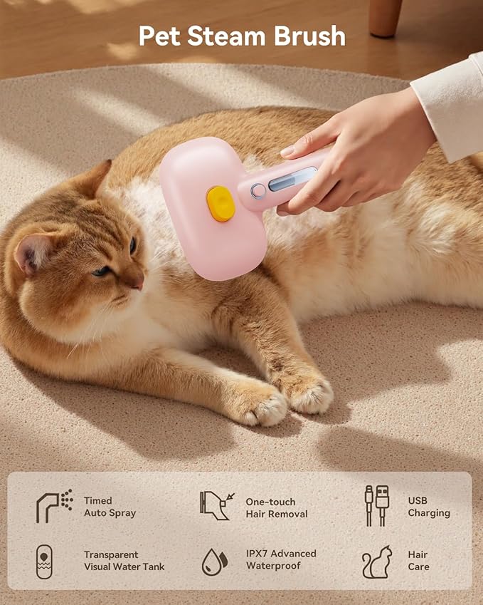 ROJECO 3-in-1 Pet Steam Brush for Cats&Dogs - Detangling Comb with Adjustable Mist, Handheld Deshedding Grooming Tool for Long/Short Hair, Massage Brush & Shedding Control Gift,Cordless,Pink