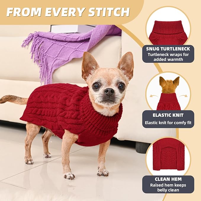 2 Pack Dog Sweaters for Small Dogs Turtleneck Pullover Cable Knit Puppy Stretch Clothes Chihuahua Yorkie Pomeranian Toy Poodle Boy Girl Pets Winter Doggie Clothes (XS, Red & Brown)
