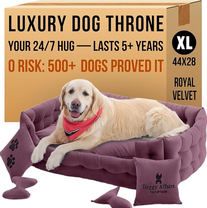 Luxury Dog Bed Chesterfield – Handcrafted Velvet Throne for Dogs | Joint Support, Calming & Temp-Regulating Comfort | Durable 5+ Years, Anti-Claw, Washable 100+ Times – XL, Purple