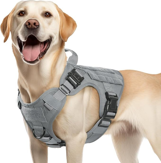 rabbitgoo Tactical Dog Harness Medium Sized, Heavy Duty Pet Harness with Handle, No-Pull Service Vest Medium Breed, Adjustable Military Dog Vest for Training Hunting Walking, Grey, M