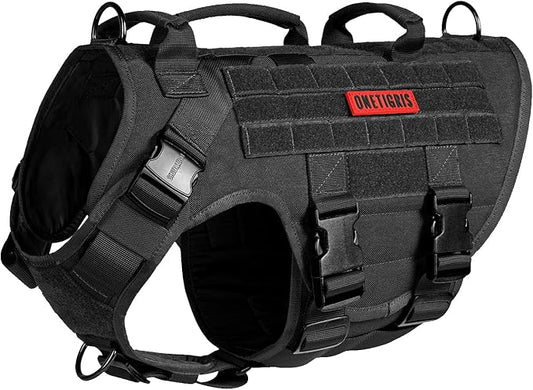 OneTigris Large Tactical Dog Harness, No Pulling Adjustable Dog Vest Harness, Heavy Duty Dog Harness with Handle, Large Hook and Loop Panels for Patch Black