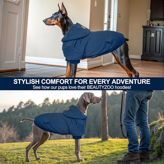BEAUTYZOO Small Dog Hoodie Sweater with Pockets, Dog Clothes for Small Medium Dogs Boy Girl, Waffle-Like Laminated Cotton Pet Coats with Hat and Leash Hole, Navy Blue M