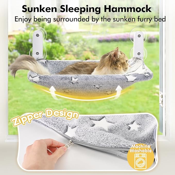 2PC Cat Window Perch, Glow in The Dark Cordless Foldable Pet Hammock Bed for Window with Sturdy Metal Frame, Stars Pattern Window Resting Seat for Indoor Cats (Stars Cat Bed, M-2PC)