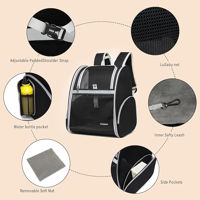 Cat Backpack Carrier Pet Backpack Carrier for Small Dogs and Medium cat Puppy Kitten Bunny up to 15lbs, Cat Carrying Backpack Collapsible with Fully Ventilated Mesh with Safety Leash (Black)