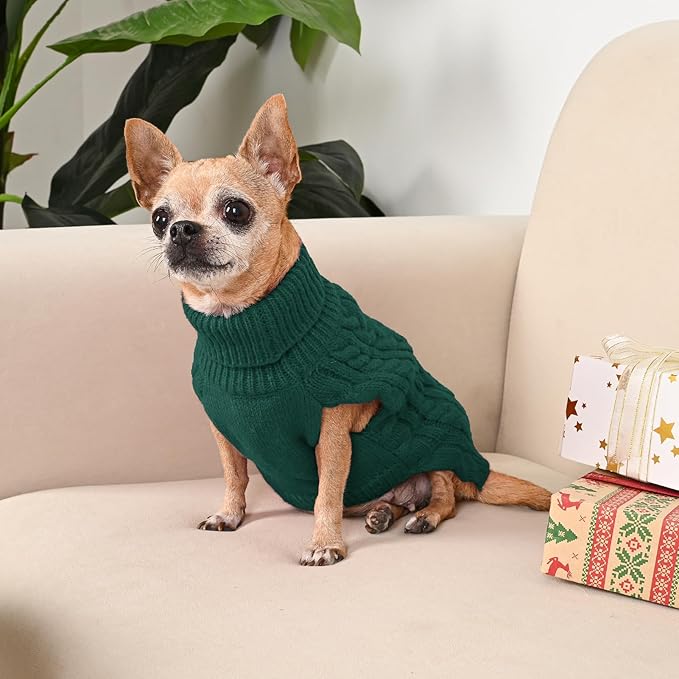 2 Pack Dog Sweaters for Small Dogs Turtleneck Pullover Cable Knit Puppy Stretch Clothes Chihuahua Yorkie Pomeranian Toy Poodle Boy Girl Pets Winter Doggie Clothes (XS, Green & Brown)