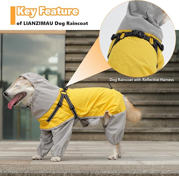 LIANZIMAU Waterproof Dog Raincoat 4 Legs with Leash Hook Reflective Adjustable Belly Strap Clear Hood Lightweight Polyester for Small Medium Large Dogs