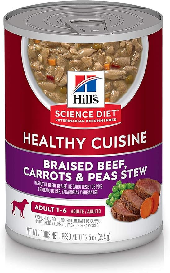 Hill's Science Diet Healthy Cuisine, Adult 1-6, Great Taste, Wet Dog Food, Braised Beef, Carrots & Peas Stew, 12.5 oz Can, Case of 12