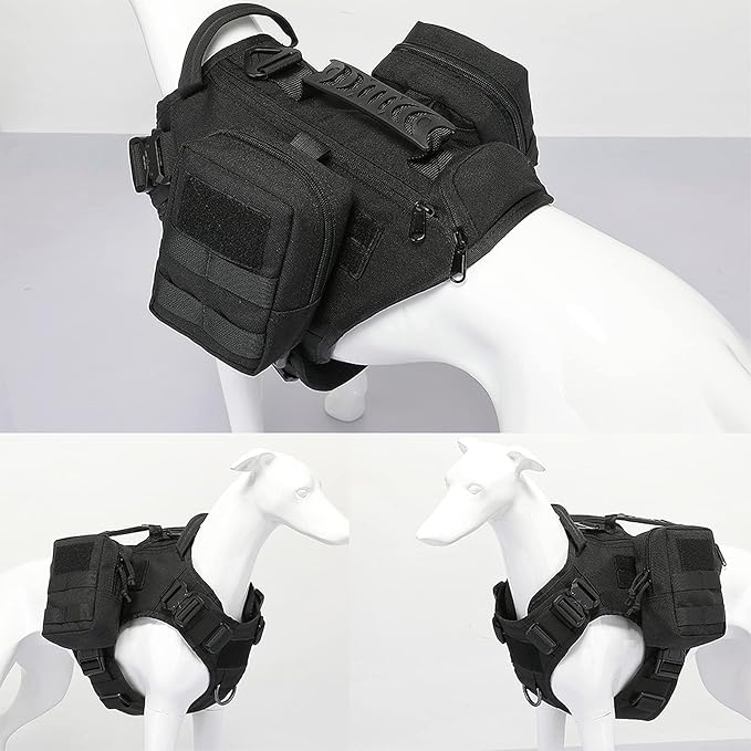 Tactical Dog Backpack Harness for Large Breed Original Design Metal Buckle Vest with Side Bags Pouches for Service Working Training (Black (Vest only), L)