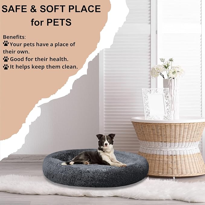 SAVFOX Plush Calming Dog & Cat Beds - Donut Shaped, Comfy Cuddler in Faux Fur, Washable, Multiple Sizes XS-XXL