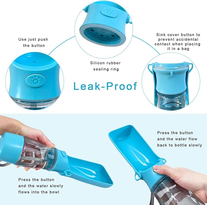 Portable Dog Water Bottle - 2-in-1 Dog Travel Water Bottle with Food Container & Bowl Dispenser, Leak-Proof, Lightweight, Ideal for Dog, Cat Walking, Hiking, Travel - 8 oz, Blue