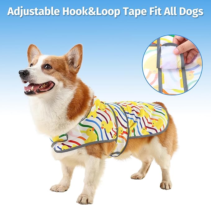 Dog Raincoat for Large Dogs, Waterproof Rain Jacket Coat with Hood and Leash Hole, Polyester, Rainbow Ducks
