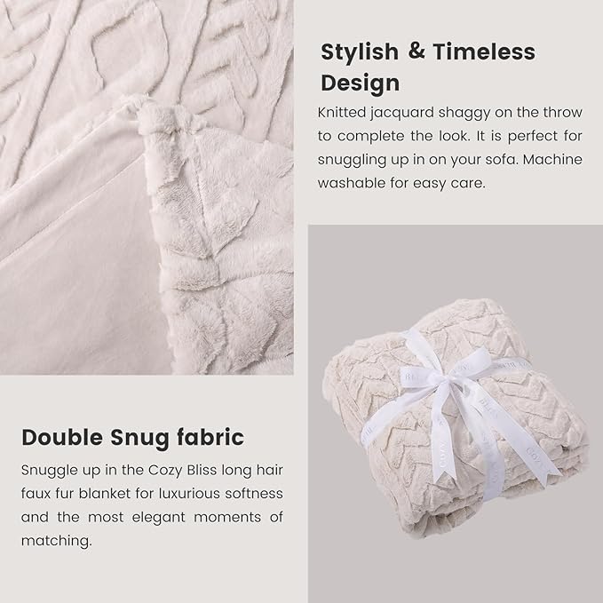 Cozy Bliss Faux Fur Throw Blanket for Couch, Jacquard Fuzzy Plush Soft Thick Winter Throw Blanket for Sofa Bed Living Room Bedroom,50"x60" Beige