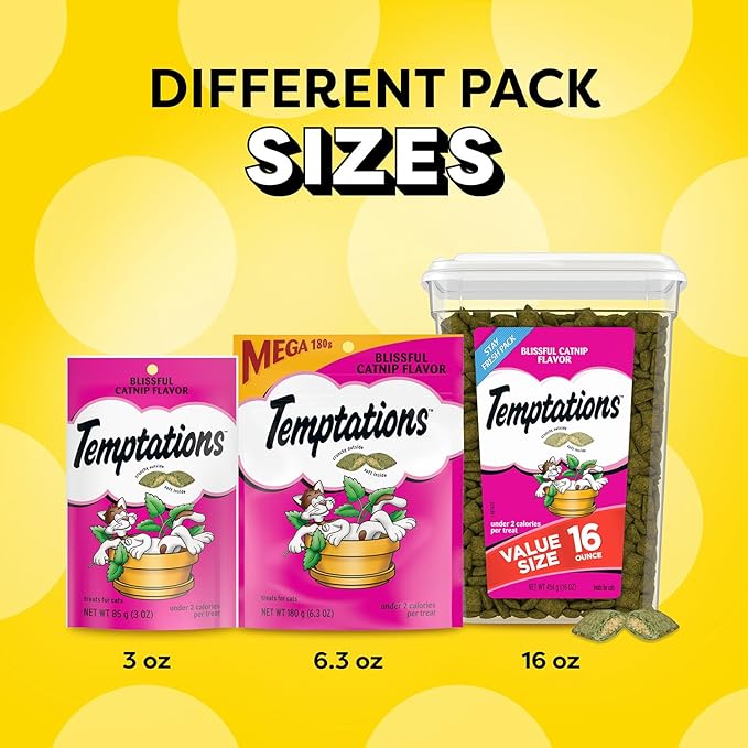 Temptations Classic Crunchy and Soft Cat Treats Blissful Catnip Flavor, 3 oz. Pouch (Pack of 12)