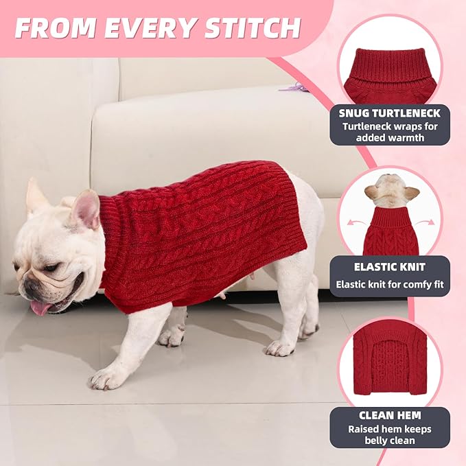 2 Pack Dog Sweaters for Medium Dogs Turtleneck Pullover Cable Knit Stretch Clothes French Bulldog Dachshund Boston Terrier Corgi Beagle Pug Boy Girl Pets Winter Clothes (M, Pink & Red)