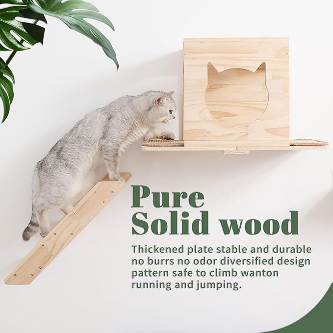 A Cat Wall Shelves Set – 5PCS Extra-Large Mounted Cat Furniture with 2 Wide Platforms, Sisal Scratch Post, Solid Wood Climbing System for Large Indoor Cats