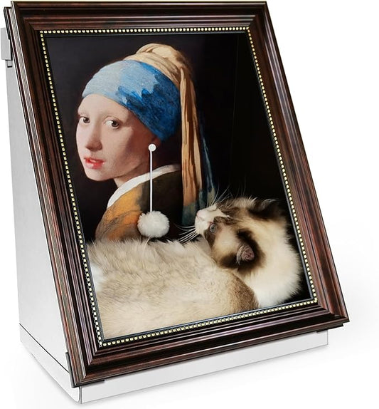 Mona Lisa Cat Bed Painting Cat Scratcher Bed CartBoard Cat House for Indoor Cats Half-Surround Design W/Horizontal Cat Scratcher Scratching Board W/Catnip (B2-Pearl Earrings, Frame Pre-Taped)