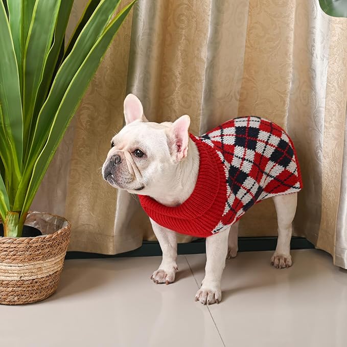 Dog Sweater for Medium Dogs Plaid Checkered Knit Turtleneck Pullover Winter Clothes Boys Girls Stretch French Bulldog Dachshund Corgi Beagle Pug Christmas Pet M