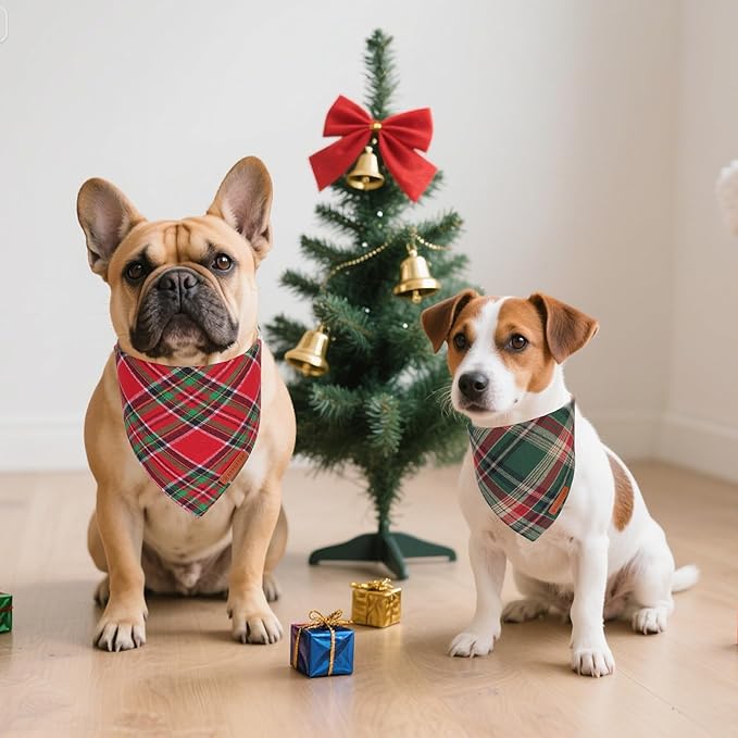 ADOGGYGO 4 Pack Plaid Dog Bandanas Fall Halloween Thanksgiving Christmas, Premium Cotton Fabric, Red Green Orange Blue Plaid Bandanas for Small Dogs (Small)