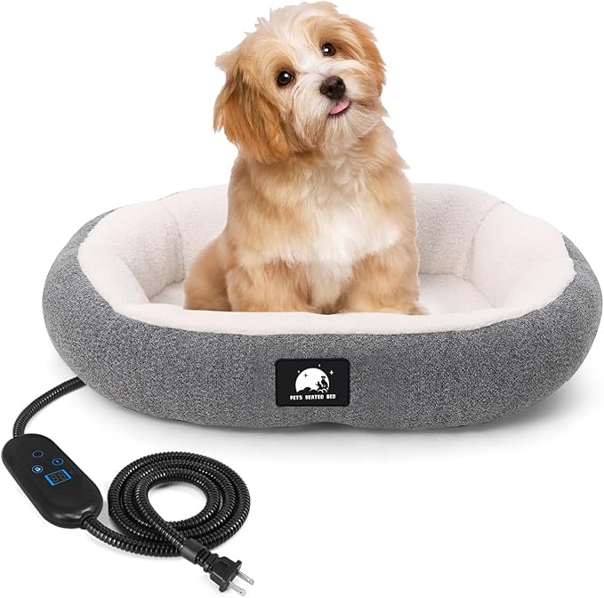 Heated Cat Bed for Small Cats, 19" Soft & Cozy Donut Pet Bed With Timer & Temp Adjustable Heating Pad for Indoor Kitten, Electric Warmer