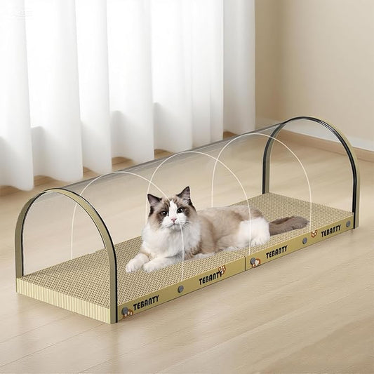 3 Function in 1 Cardboard Cat Scratcher Board, 31.5 in Cat Scratcher House, Cat Scratchers for Indoor Cats, Arched Cats Scratch Pad As Cat Bed, Cat Tunnel for Sleep, Grind Claws (Beige)
