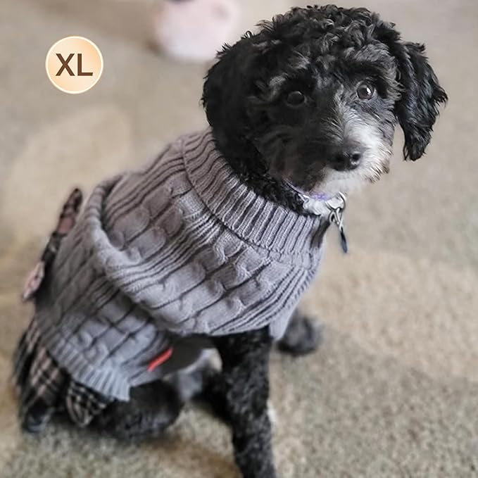 KYEESE Dog Sweater Stretchy Knitwear Pet Sweater Dress Soft Turtleneck Cat Sweaters Warm Pullover Pet Coats Comfy Dogs Clothes with Bowtie Thick Dog Sweaters for Small Dogs Male, Grey, X-Large