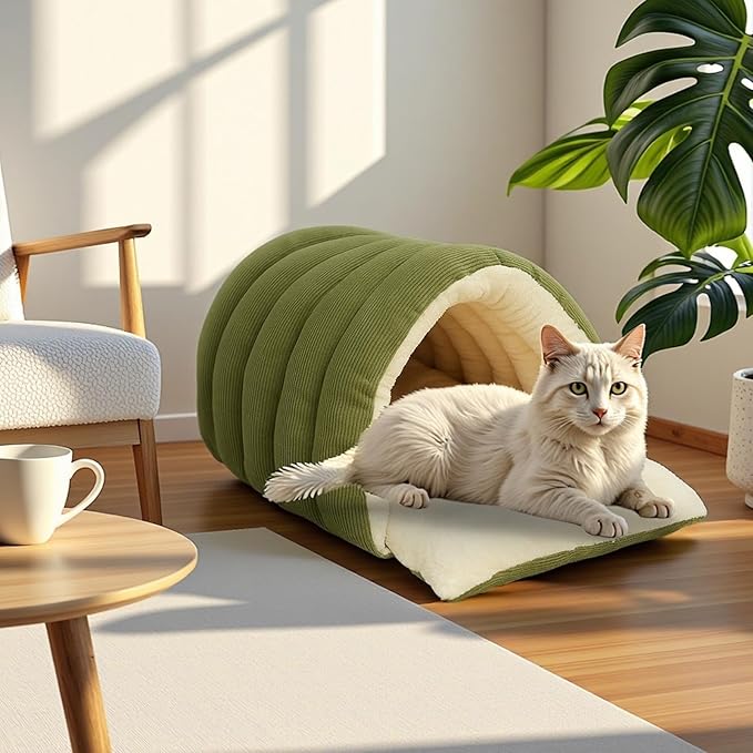 Cutypet Winter Cave, Cozy Monster Cat Bed, Warmth Cozy Comfort Plush Pet Cave with Removable Washable Cushion & Non-Slip Bottom - for Indoor Sleep (Beige, S17.7 * 11.8 * 7.5in)