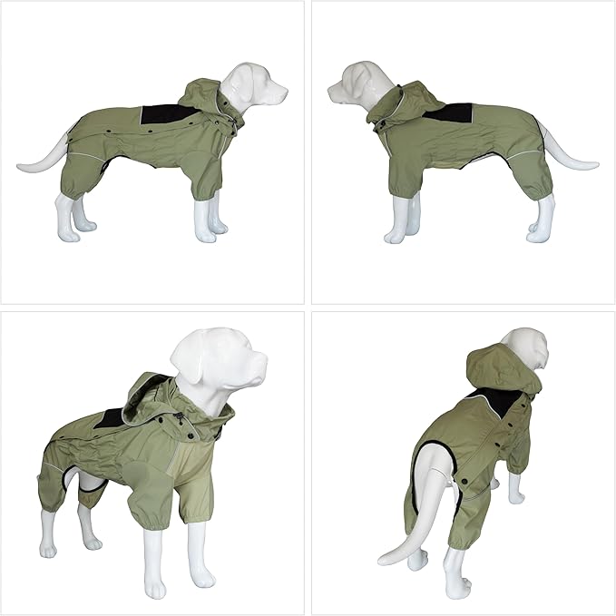 LOVELONGLONG Fleece-Lined Dog Raincoat with Removable Hood – Waterproof Winter Full Body Dog Jacket – Windproof Snowproof Cold-Weather Suit – Green-F 3XL