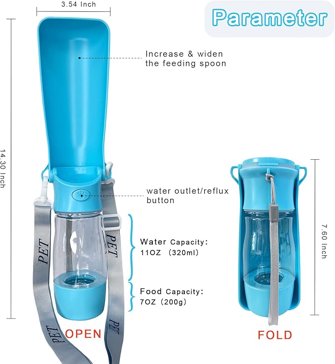 Portable Dog Water Bottle - 2-in-1 Dog Travel Water Bottle with Food Container & Bowl Dispenser, Leak-Proof, Lightweight, Ideal for Dog, Cat Walking, Hiking, Travel - 8 oz, Blue