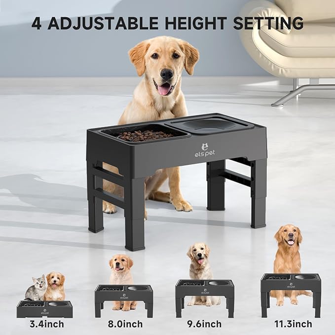 ELS PET Elevated Dog Bowls, Adjustable Raised Dog Bowls with No Spill Dog Water Bowl and Stainless Steel/Slow Feeder, Stand for Small Medium Large Dogs,Cats & Pets (Plastic)