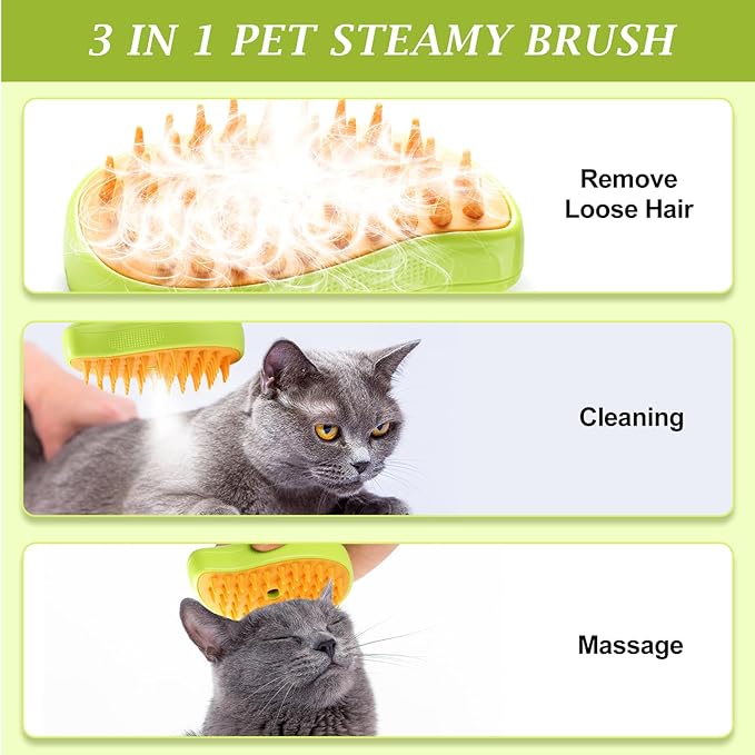 Steam Brush for Cats Shedding, 3 in 1 Steamy Water Pet Hair Removal Comb with Steamer, Spritz Comb for Dog, Indoor Cat Spray Mist Grooming Defur Brush, Cepillo Vapor Gato Perro, Steaming Cleaning Spa