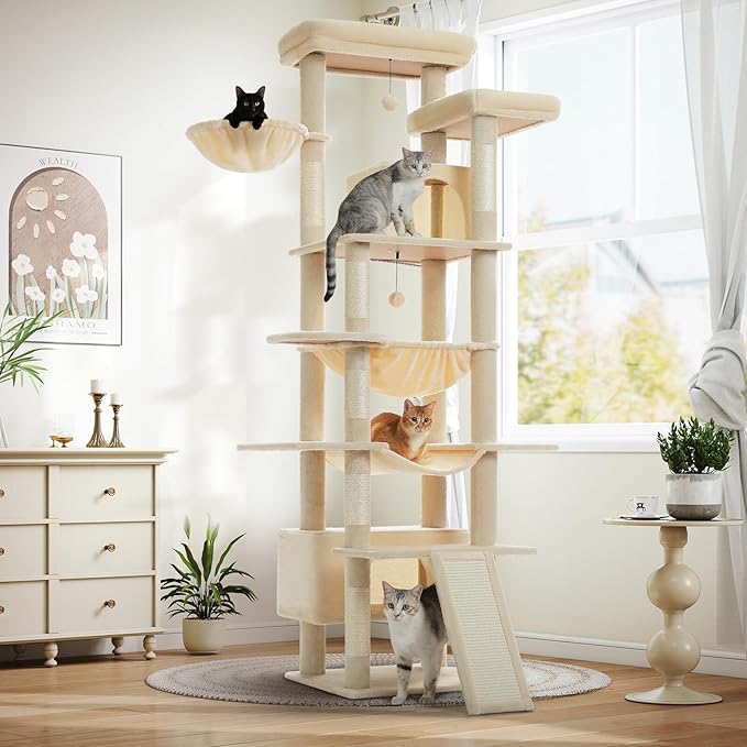 81 Inches Tall Cat Tree for Indoor Cats Large Adult - Multi-Level Cat Tower with Large Metal Frame Hammock, 2-in-1 Scratching Ramp, 2 Top Perches, 2 Cozy Condos & 6 Scratching Posts - Beige