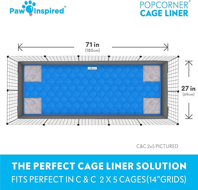 Paw Inspired PopCorner Guinea Pig Cage Liners | Washable Fleece Bedding or Pet Bed Mat for Small Animals | Super Absorbent Pee Pad with Reinforced Corners and Waterproof Bottom (C&C 2x5, Blue)