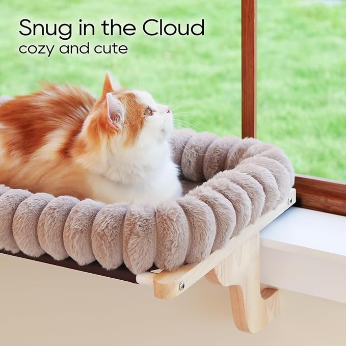 Zakkart SnugCloud Cat Window Perch with 4-Sided Bolster - Orthopedic Cat Hammock for Window Sill - Solid Hardwood & Metal Frame - Window Seat for Pets (Natural Color Wood w/Brown Bed, Large)