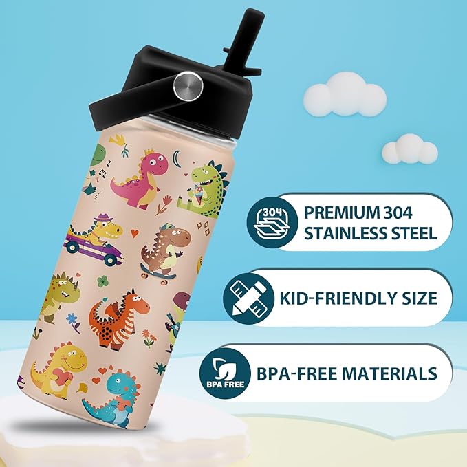 16 oz Water Bottle with Straw Lid, Stainless Steel Insulated Tumbler, Cute Dinosaurs Water Bottles for Birthday Christmas, Dinosaurs Lovers Gifts