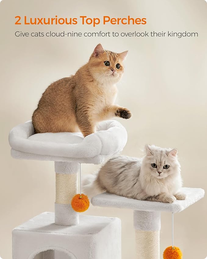 Feandrea Cat Tree, 61-Inch Cat Tower for Indoor Cats, Plush Multi-Level Cat Condo with 5 Scratching Posts, 2 Perches, 2 Caves, Hammock, 2 Pompoms, Cream White UPCT192T01