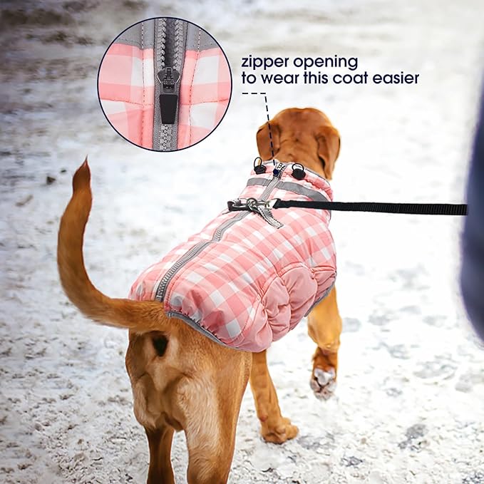 FUAMEY Dog Coat for Small Dogs,Waterproof Dog Winter Jacket with Harness Built in Puppy Cold Weather Coats Reflective Pet Vest with Zipper Warm Fleece Dogs Snowsuit Windproof Pink Plaid S