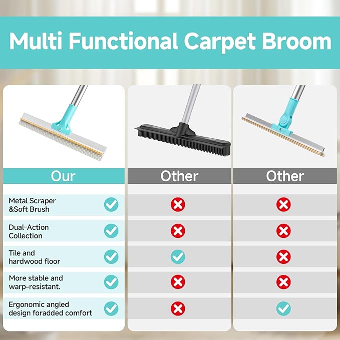 Carpet Rake for Pet Hair Removal Tool, Reusable Pet Hair Remover Broom, Dog&Cat Hair Remover Scraper Rake with 54” Adjustable Long Handle, 3 Pcs Carpet Brush Rake for Rugs, Mats, Couch, Furniture