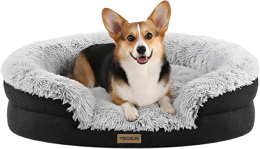 Fluffy Orthopedic Dog Bed for Small & Medium Dogs, Calming Plush Sofa Bed with Curved Bolster Support and Egg-Crate Foam Base, 35" Cozy Oval Pet Donut Bed with Washable Cover, Gray