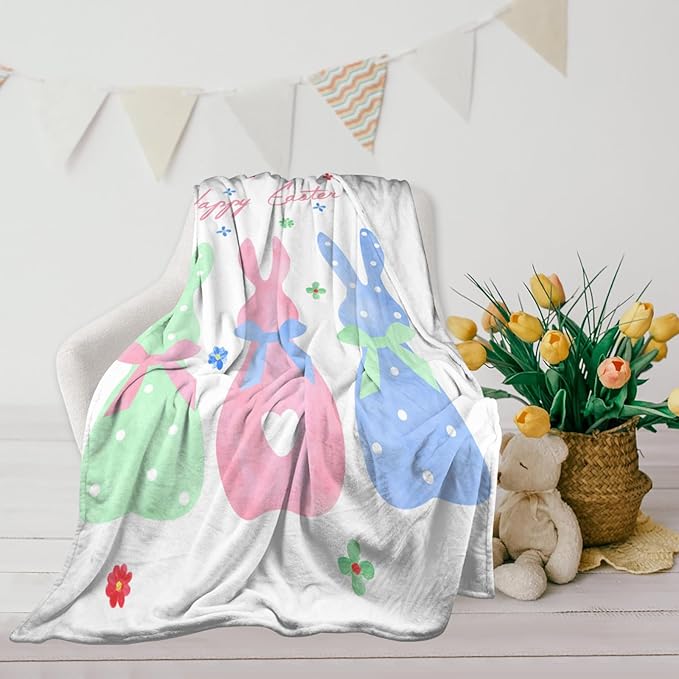 Happy Easter Rabbit Throw Blanket, Bunny Floral Soft Cozy Blankets, Cute Lightweight Flannel Blanket for Easter Decorations, All Season Warm Fleece Blanket for for Couch Bed Sofa 50x60 Inch