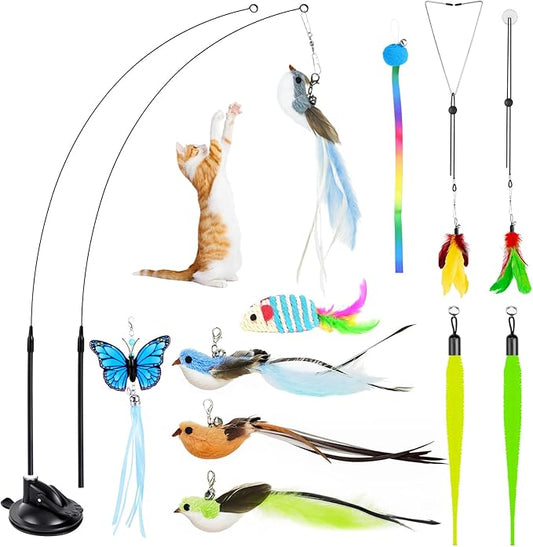HONGDDY Interactive Bird Simulation Cat Toys,4 in 1 Cat Toys for Indoor Cats, 4 Replacement Birds,Hanging Door Kitten Wand with Suction Cup Removable Feathers Balls Mice Butterfly Streamers