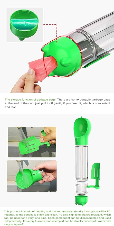 Portable Dog Bottle with Food Container,Leakproof,Poop Waste Bags Inside and Trash Shovel Design,Pet Travel Water Bowl,Essential Necessities for Dog Walking and Hiking Outdoor,Green(16.9OZ)