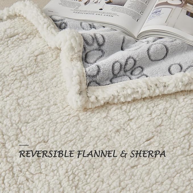 Qeils Dog Blankets for Large Dogs - Waterproof Pet Blanket Washable - Sherpa Fleece Puppy Blanket, Soft Plush Reversible Dog Blanket for Bed Couch Car Sofa, 50"X60", Grey Paw Print