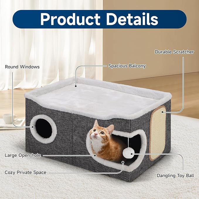 Shikha Cat Beds for Indoor Cats, Extra Wide Cat Cube House for Multi Cats, Foldable Cat Cave Hideaway with Arc-Edge Design & Oval Door, Reversible Cushion for All Seasons, 24"L x 17.7"D x 12.6"H, Grey