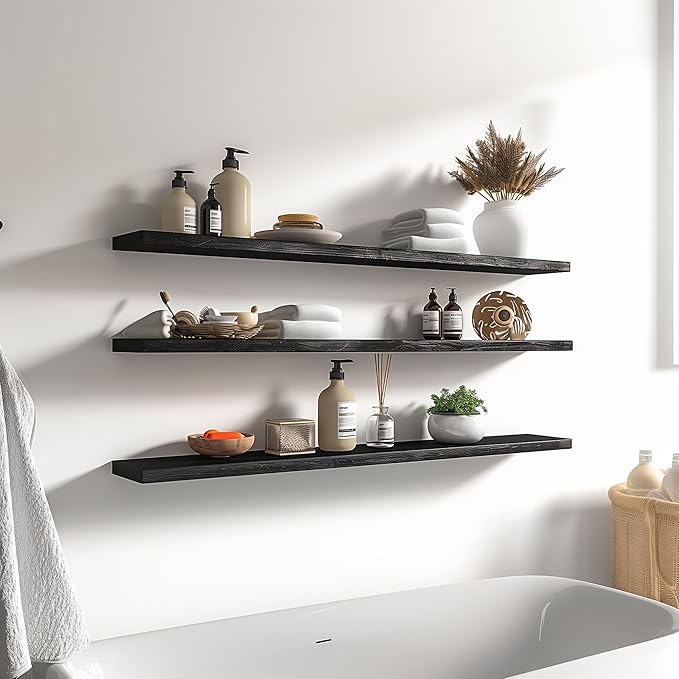 48 Inch Black Wood Floating Shelves for Wall Rustic Wall Shelf for Bedroom Living Room Set of 4