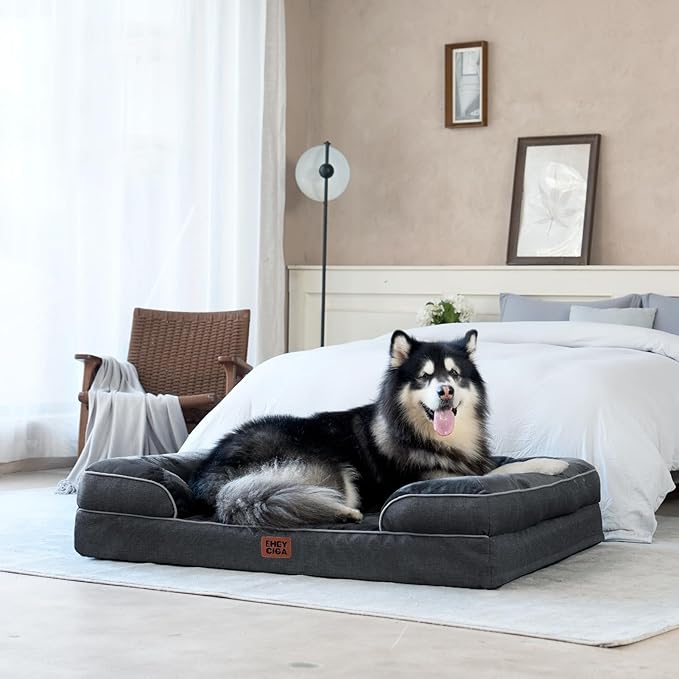 EHEYCIGA Orthopedic Dog Beds for Extra Large Dogs, Waterproof Memory Foam XXL Pet Bed with Sides, Non-Slip Bottom and Egg-Crate Foam Big Dog Couch Bed with Washable Removable Cover, Dark Grey